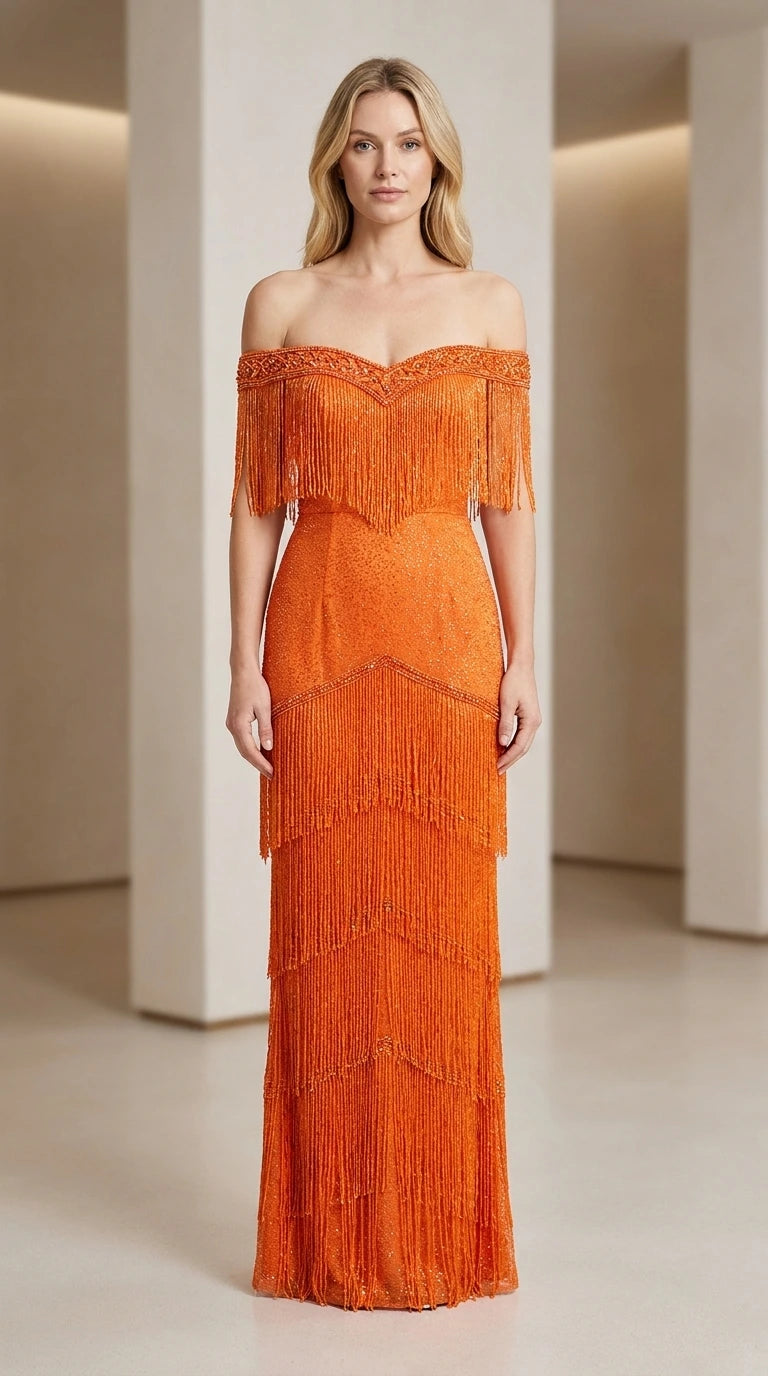 Front view of woman wearing orange off-shoulder beaded fringe evening gown