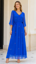 Front view of model wearing Royal Blue embellished V-neck chiffon maxi dress