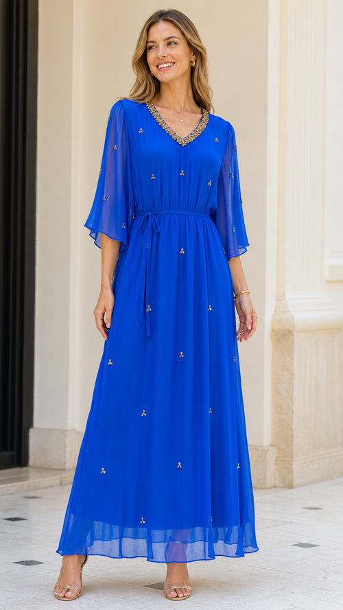 Front view of model wearing Royal Blue embellished V-neck chiffon maxi dress