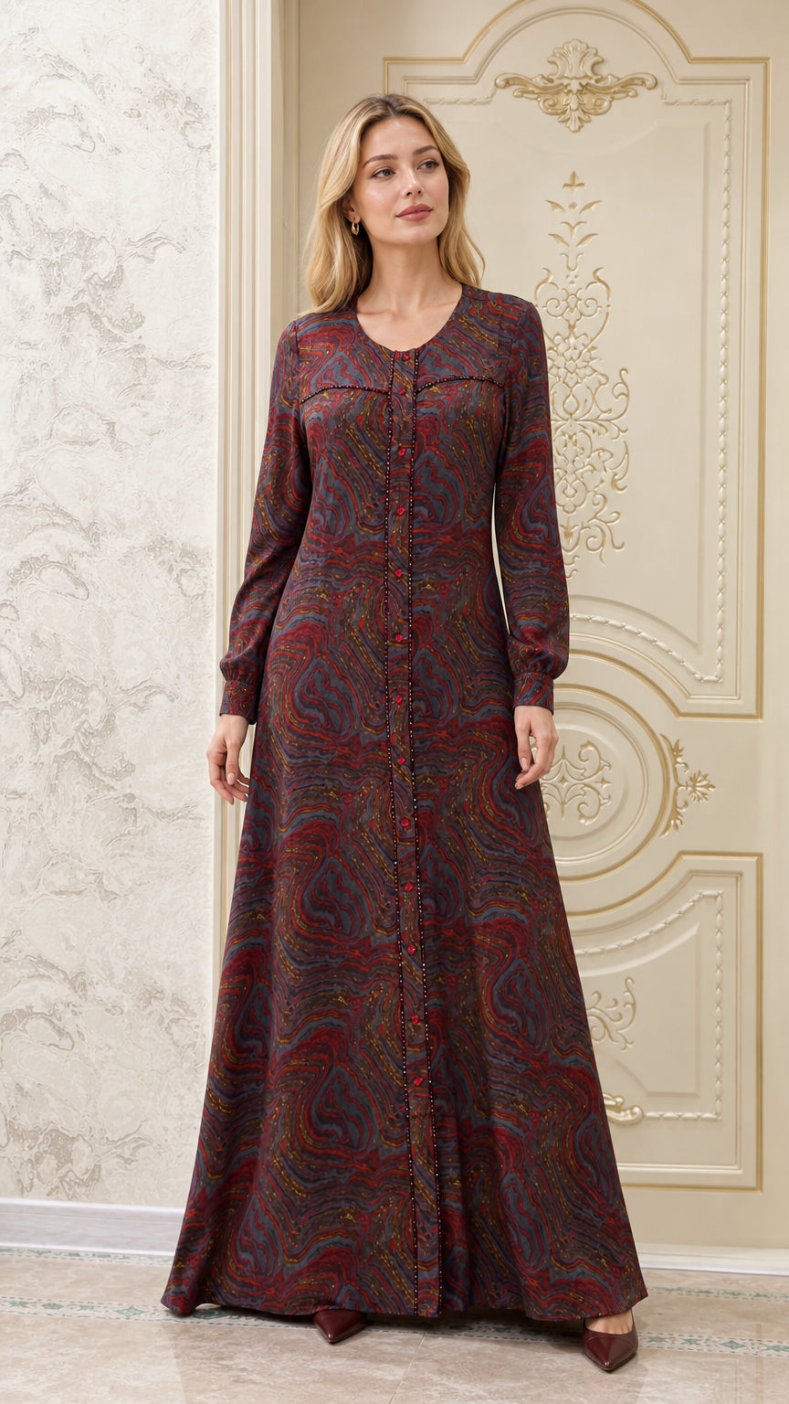 Front view of model wearing burgundy multi swirl print long sleeve maxi dress