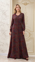 Front view of model wearing burgundy multi swirl print long sleeve maxi dress