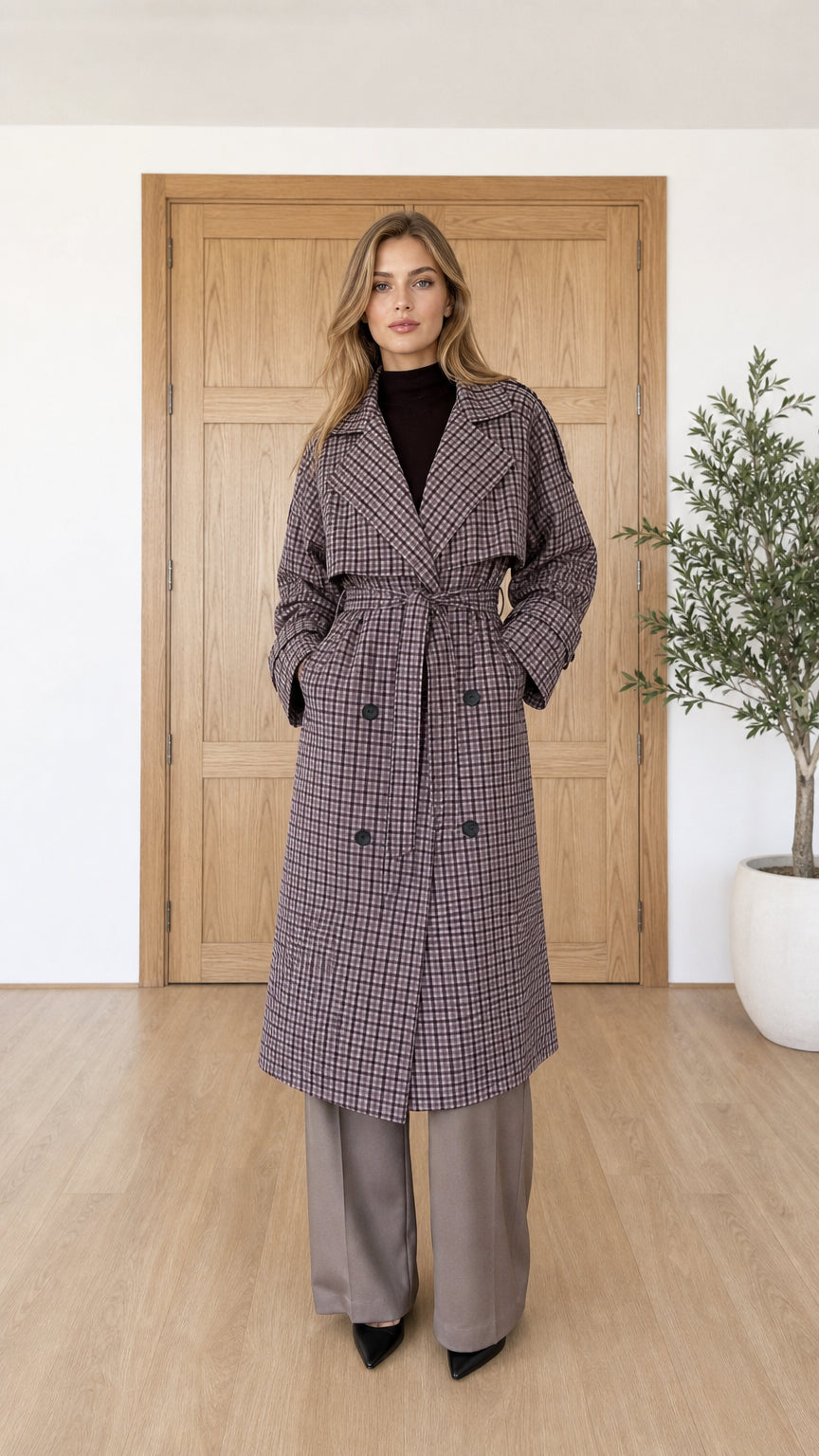Front view of woman wearing purple plaid trench coat and trousers