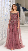 Front view of Dusty Rose embellished mesh evening gown with cape overlay