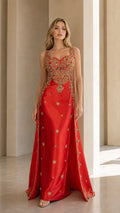 Red embellished evening gown front view