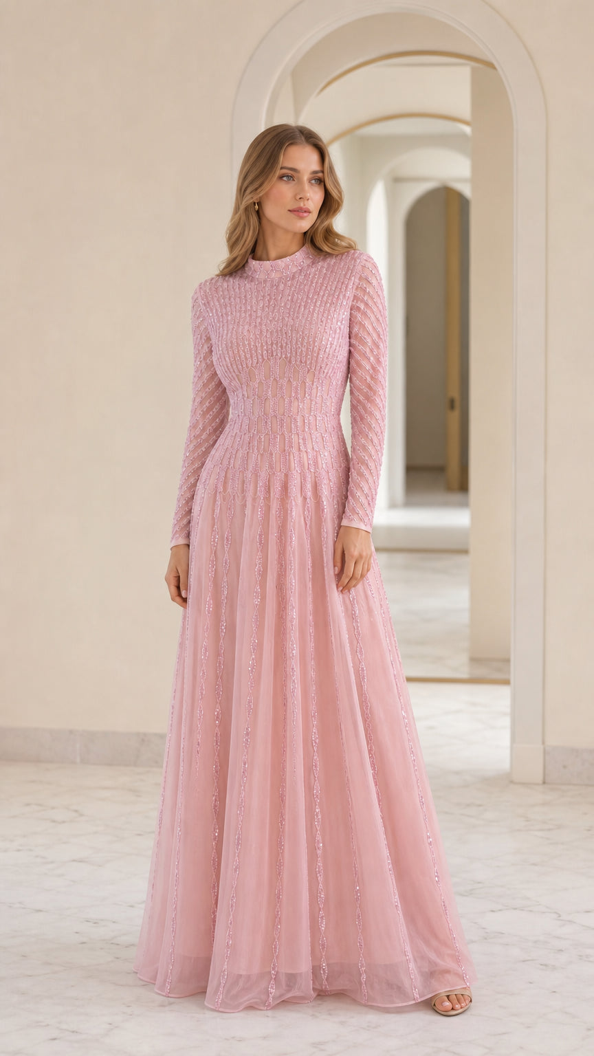 Front view of model wearing pink sequin long sleeve maxi dress