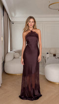 Front view of model wearing Deep Plum halter lace trim satin maxi dress