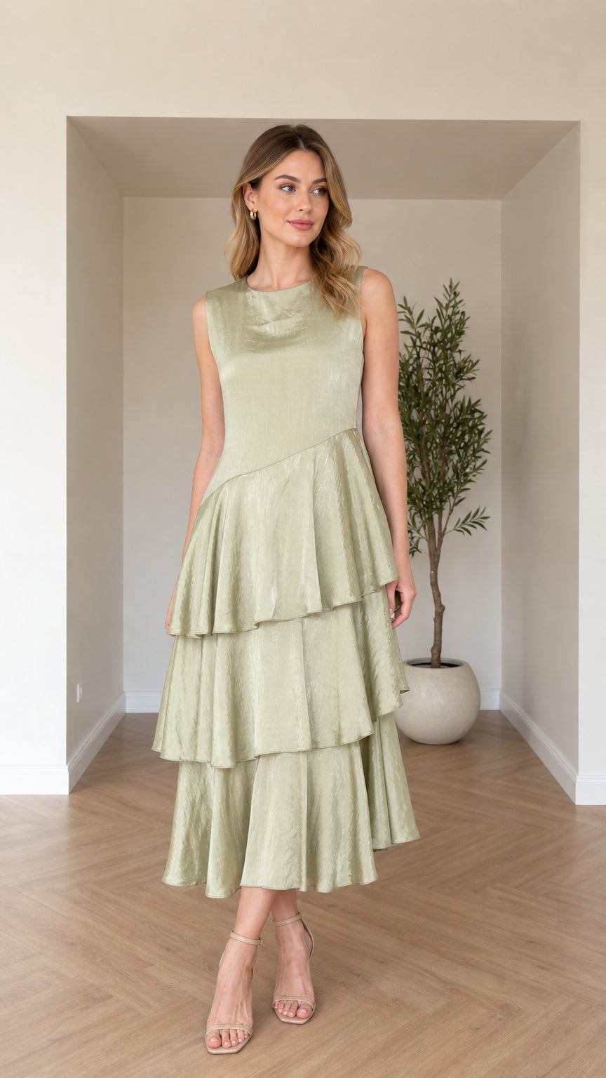 Front view of model wearing sage green sleeveless tiered asymmetric midi dress