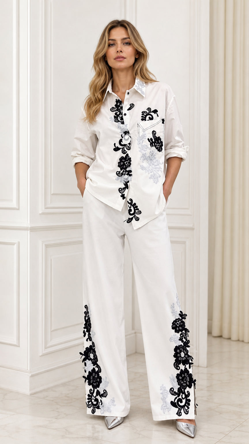 Full front view of white embroidered shirt and pant set