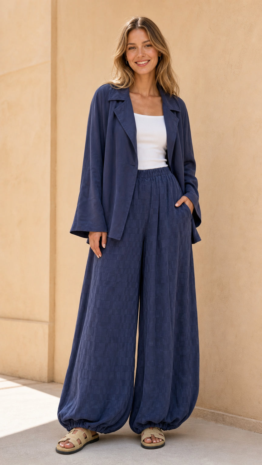 Front view of model wearing navy blazer and cinch-hem wide leg pant set