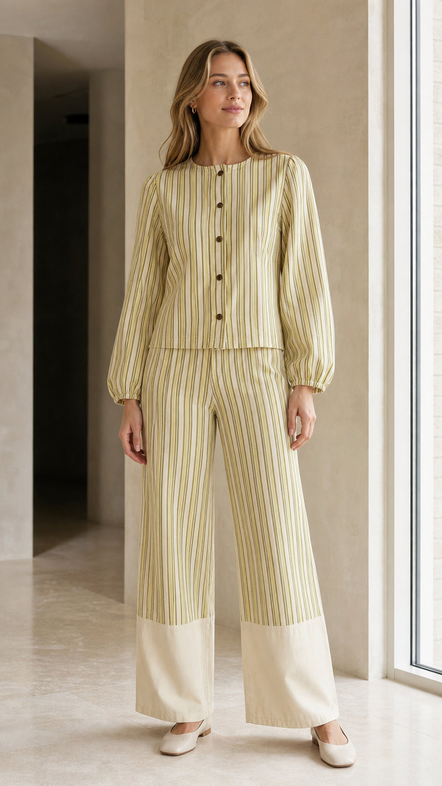 Front view of woman wearing sage striped matching set