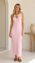 Front full view of pink ruffle trim ribbed knit maxi dress