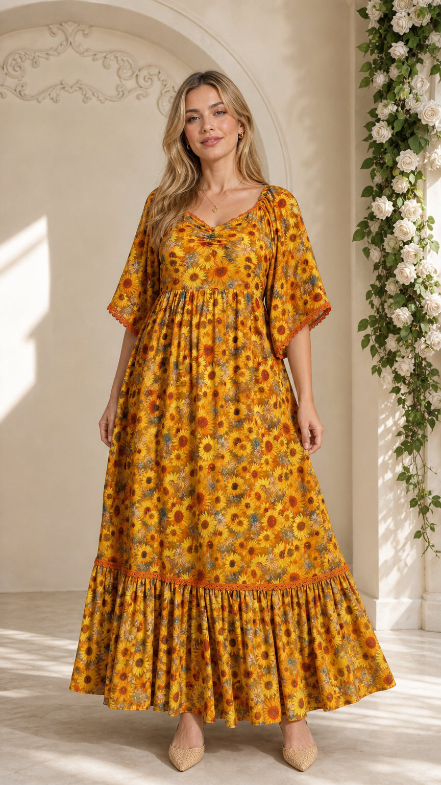 Front full-length view of model wearing mustard yellow floral lace-trimmed maxi dress