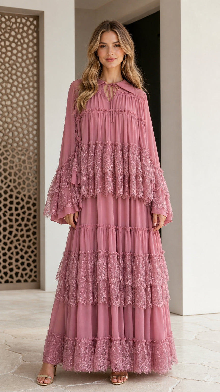 Dusty Rose tiered lace long sleeve maxi dress front view