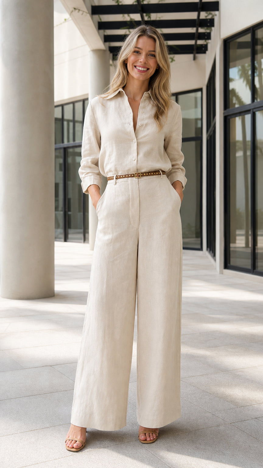 Front view of woman wearing beige button-up wide-leg jumpsuit