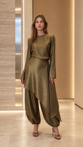 Front view of olive satin tunic and harem pants set on model
