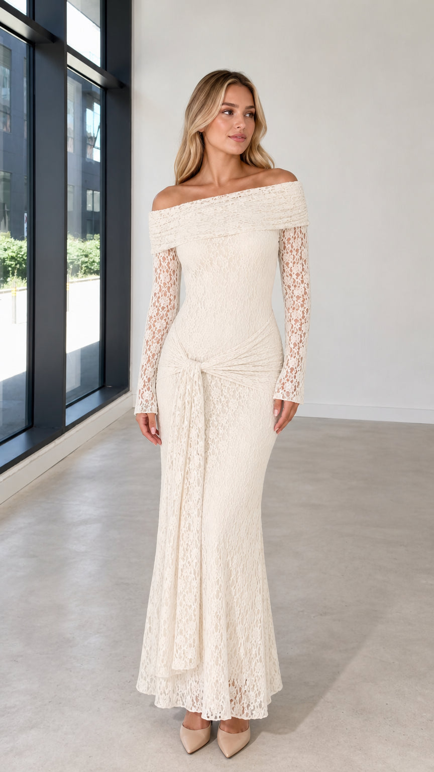 Full front view of model wearing ivory off-the-shoulder lace maxi dress