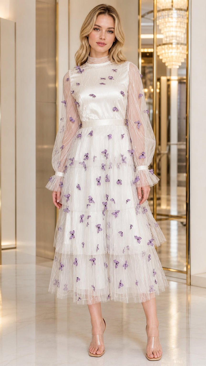 Front view of woman wearing ivory white tiered tulle midi dress with purple 3D butterflies