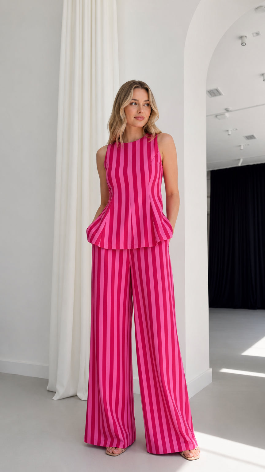 Model wearing hot pink striped sleeveless peplum top and wide leg pants set front view