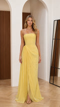 Full front view of strapless yellow ruched maxi evening gown with cascading side drape