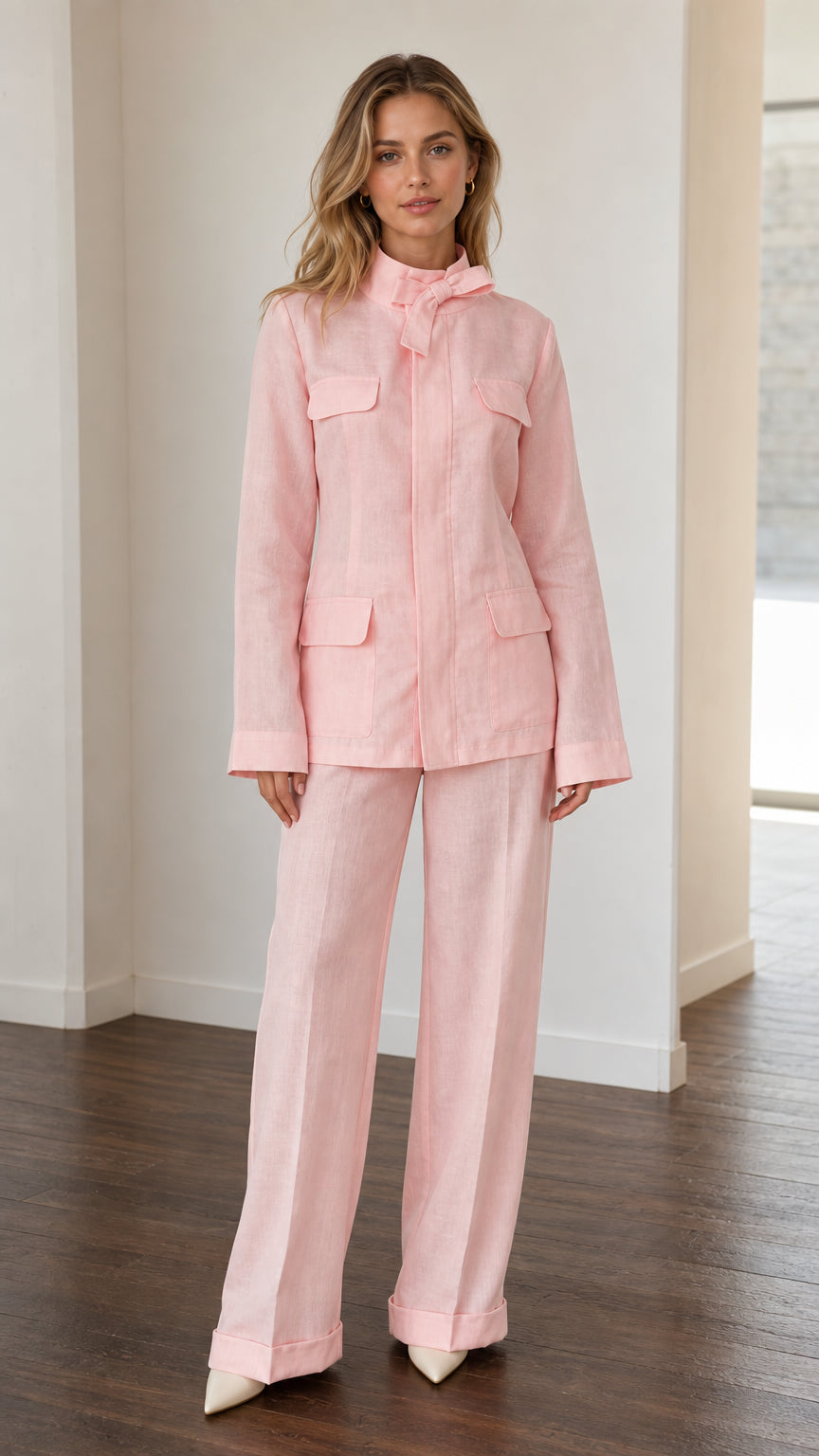 Front full-length view of woman wearing Light Pink utility pant suit set with tie neck