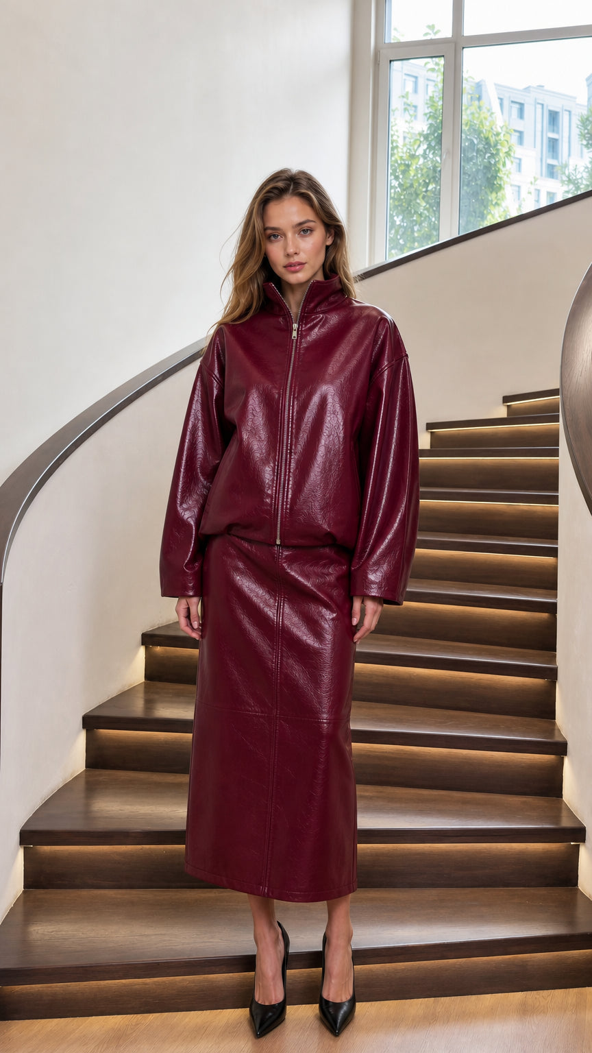 Woman wearing burgundy glossy faux leather jacket and midi skirt set on stairs front view