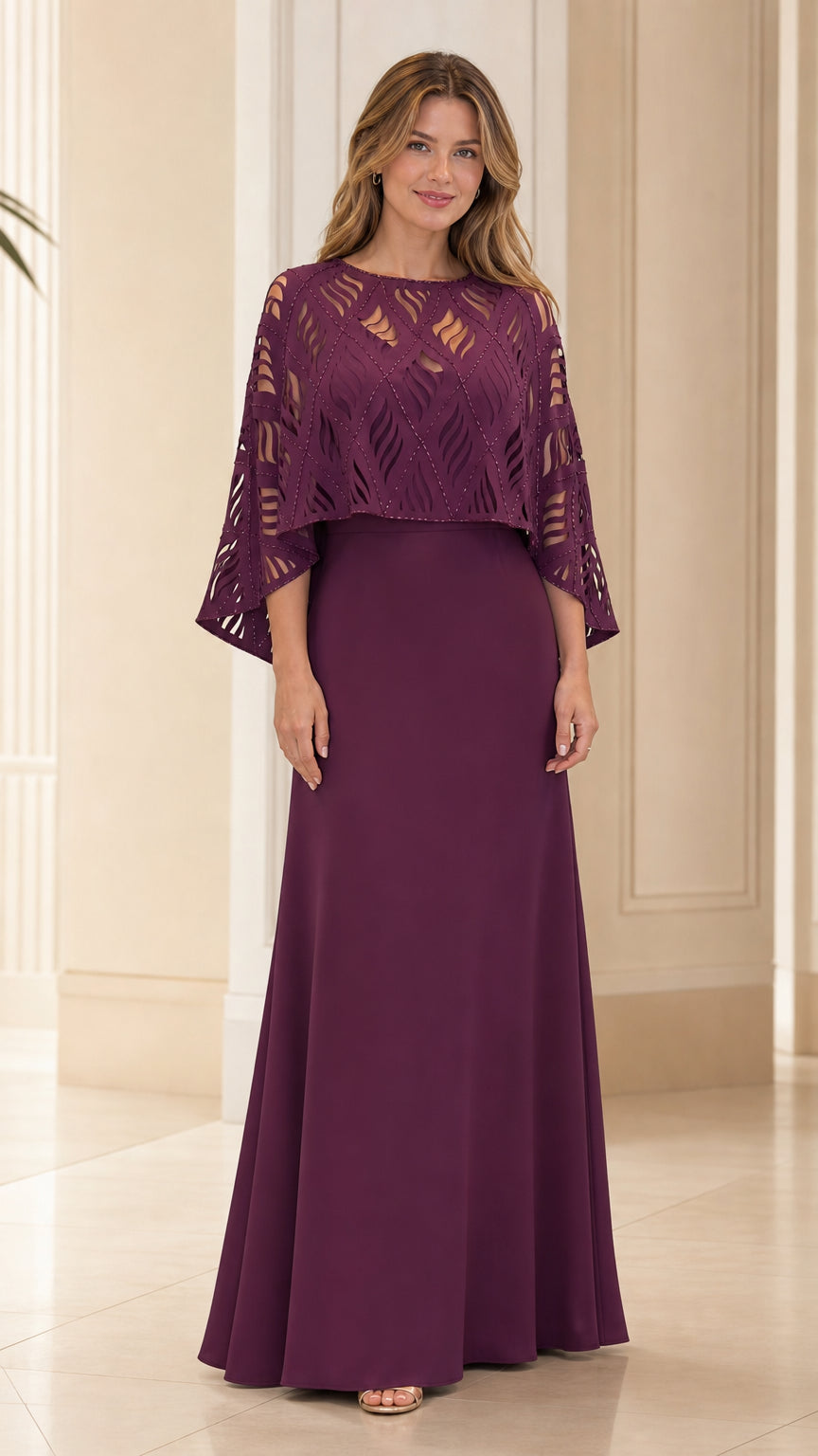 Front view of the plum cape overlay evening dress