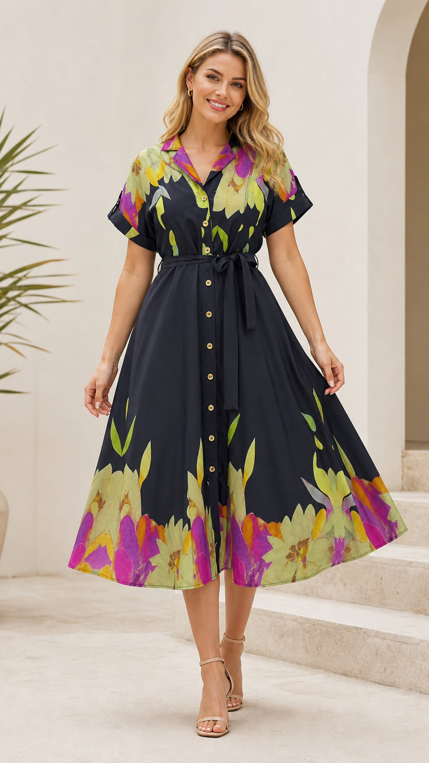 Front view of black floral border print midi shirt dress with belted waist