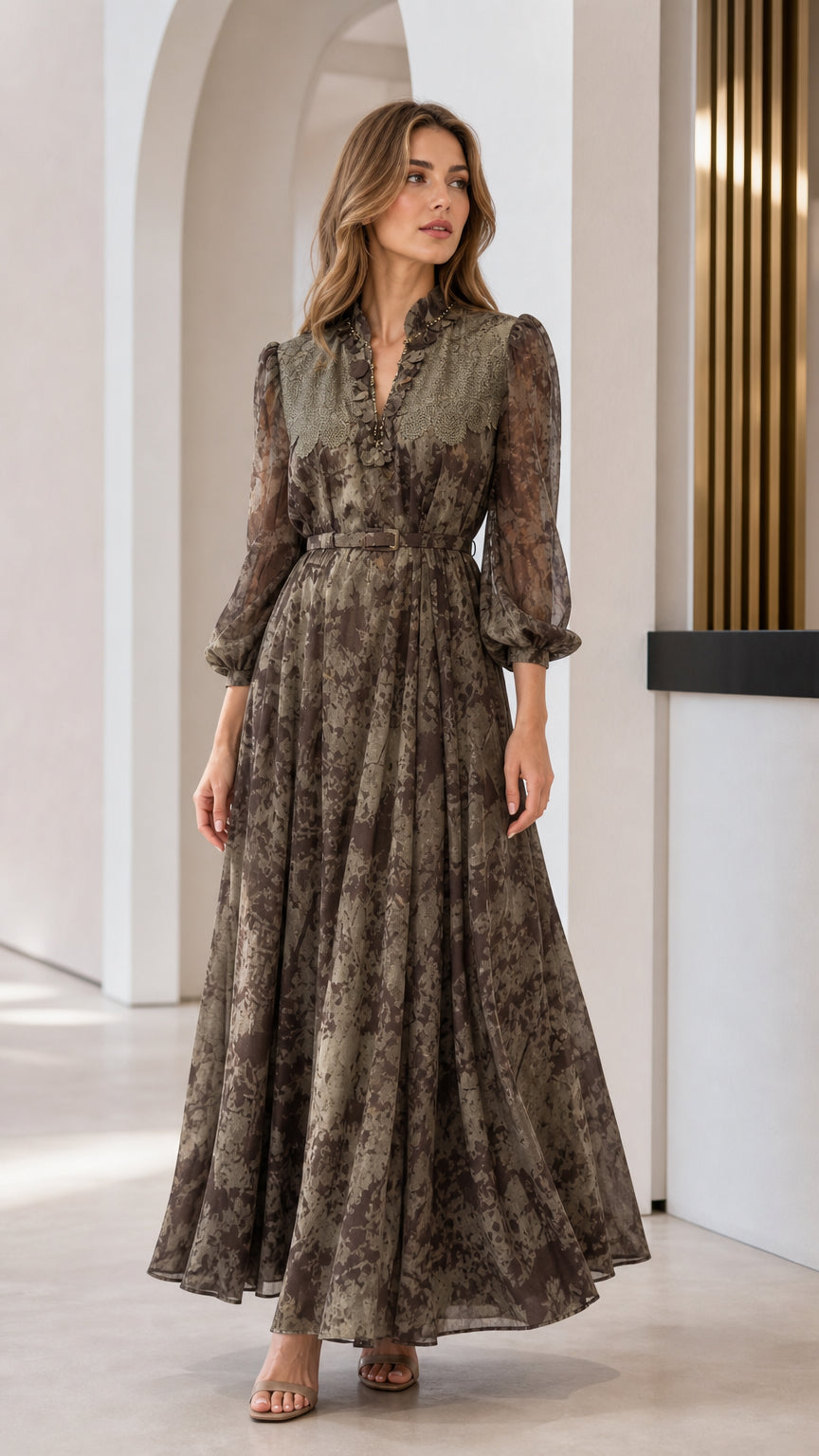 Front view of model wearing olive floral long sleeve maxi dress