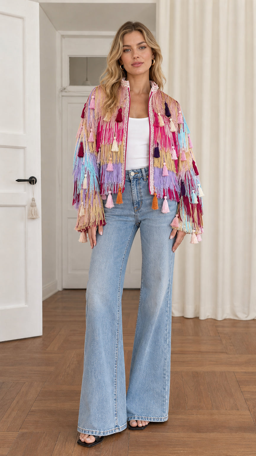 Full front view of model wearing pink multicolor tiered fringe tassel jacket with wide-leg jeans
