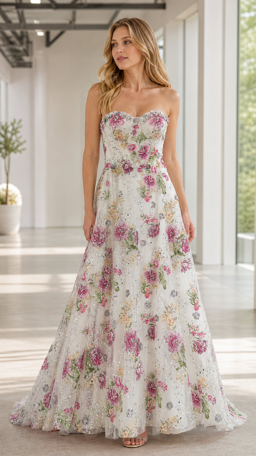 Front view of model wearing white strapless floral embroidered sweetheart A-line evening gown