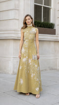 Front view of olive embroidered high-neck maxi dress