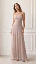 Front view of model wearing dusty rose sequin embroidered maxi evening dress with spaghetti straps