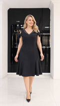 Front view of black rhinestone V-neck cold-shoulder A-line midi dress