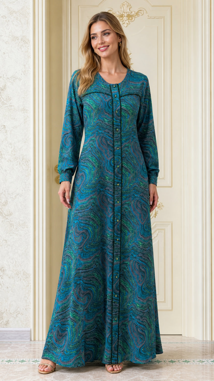Front full view of woman wearing Teal Blue marble swirl long sleeve maxi dress