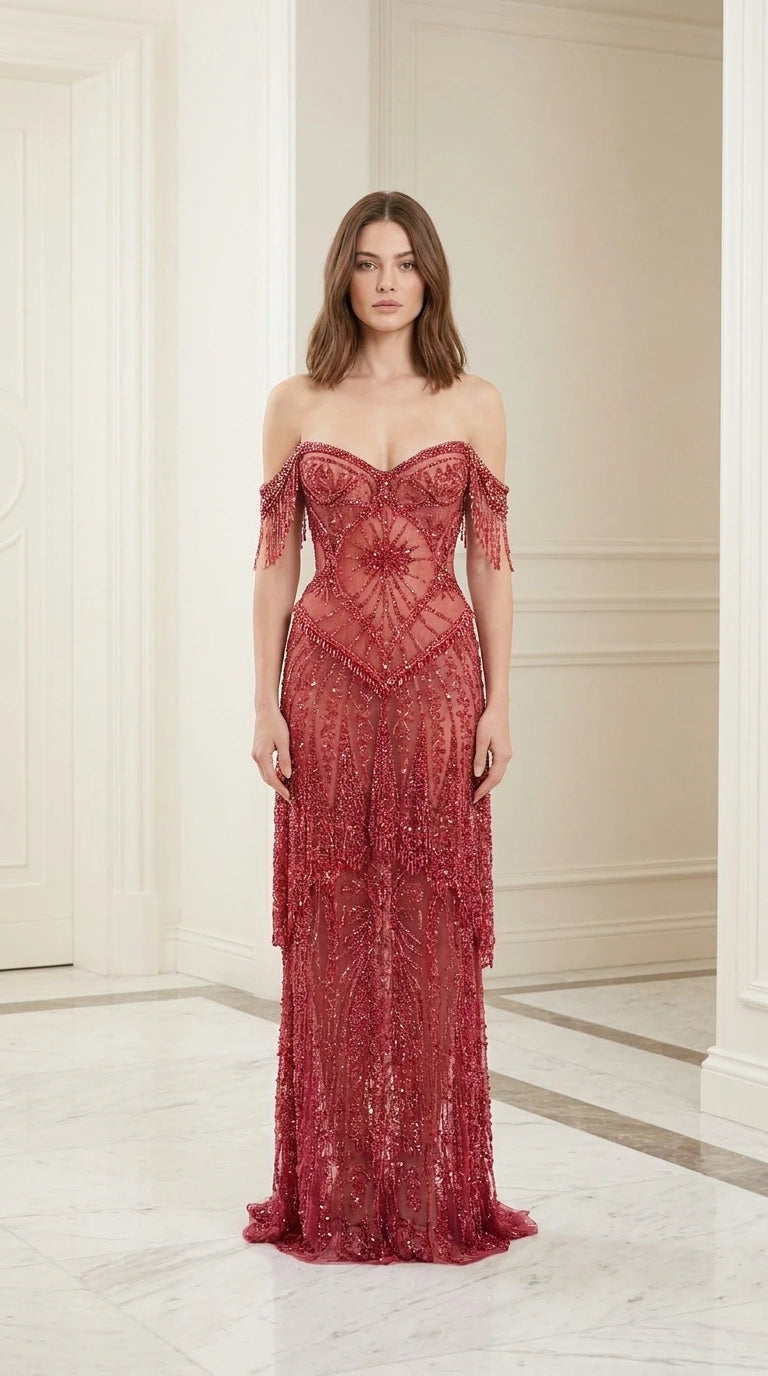 Model wearing red off-shoulder beaded evening gown, front view
