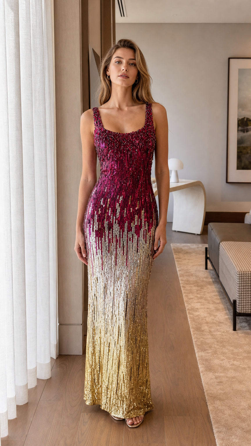 Full-length front view of woman wearing berry to gold ombre sequin scoop neck maxi evening gown