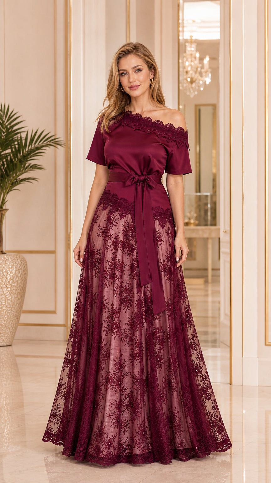 Burgundy off the shoulder satin and floral lace evening gown front view