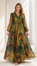 Front view of Forest Green watercolor chiffon maxi dress with floral appliqué neckline