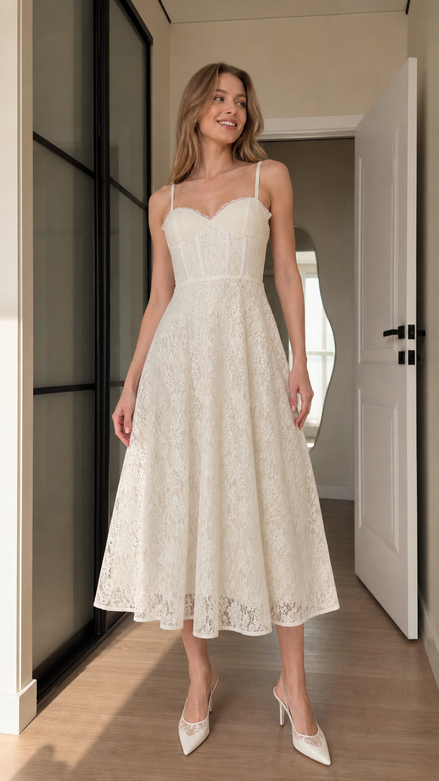 Front view of model wearing ivory floral lace corset midi dress with sweetheart neckline