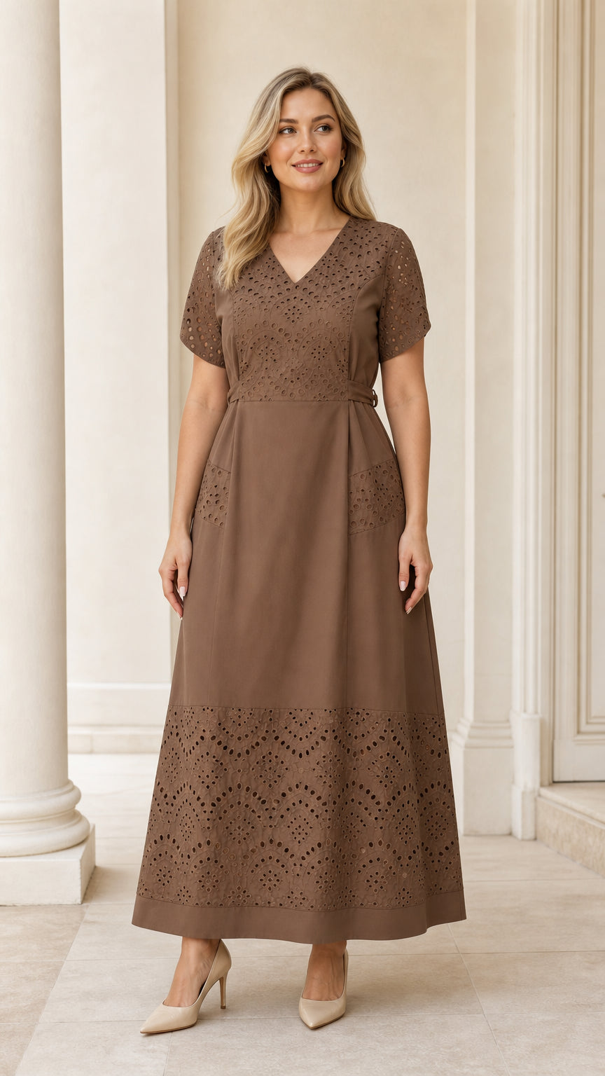 Front view of woman wearing mocha brown eyelet embroidered V-neck belted maxi dress