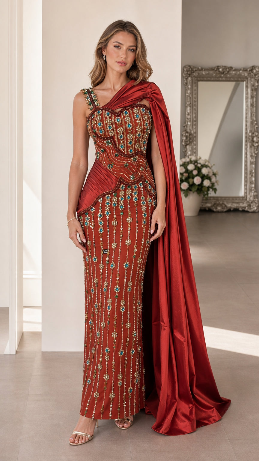 Front view of red beaded evening gown with cape