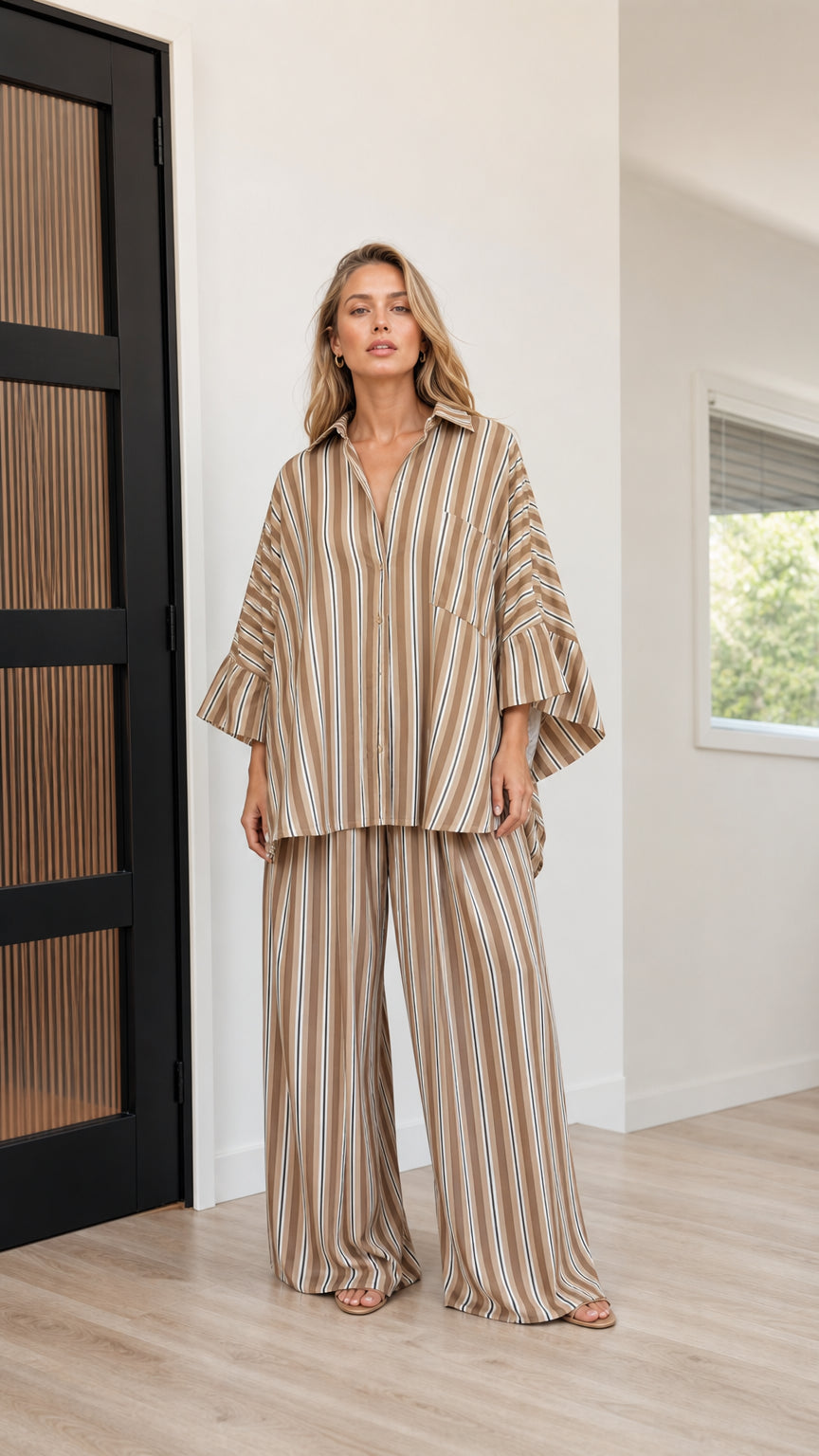 Full front view of camel striped shirt and pants set