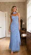 Light blue sequin beaded maxi gown with spaghetti straps and matching neck scarf front view