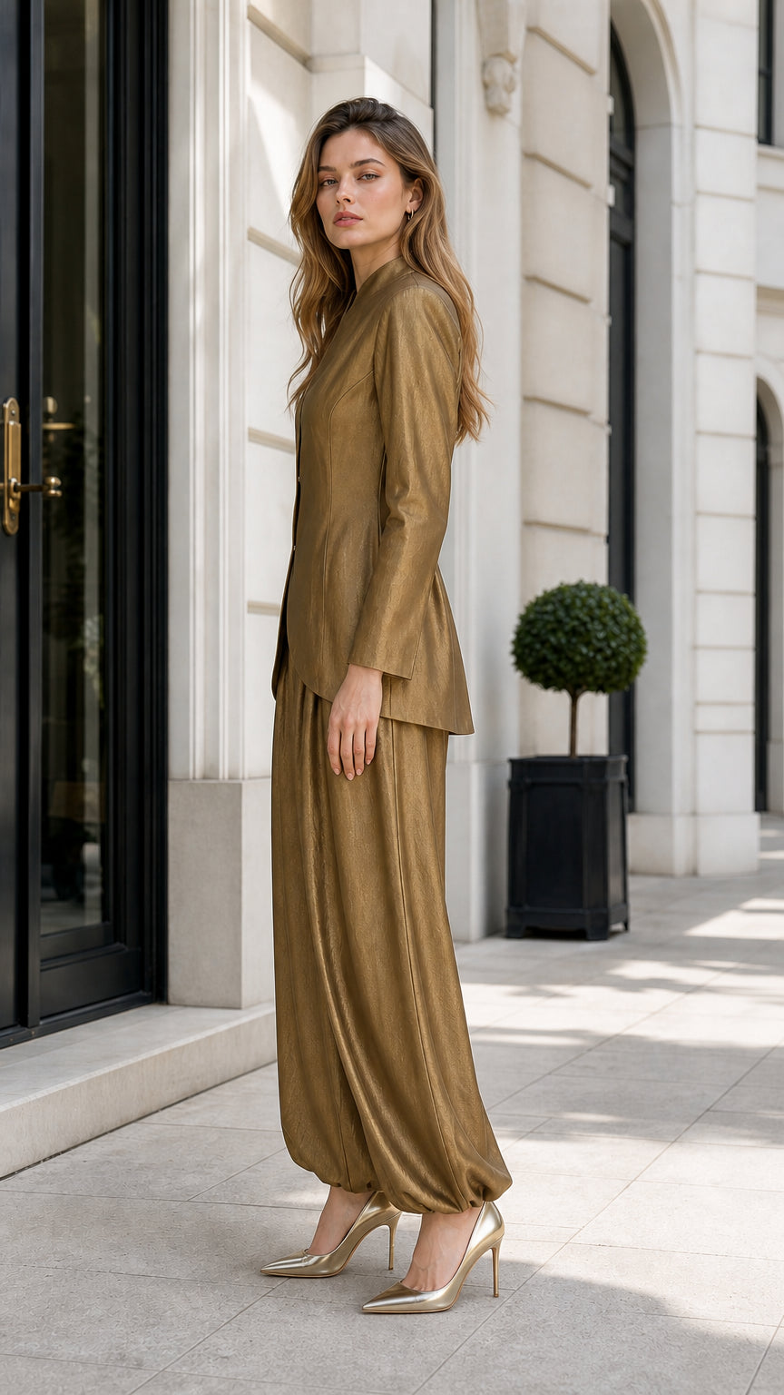 Model wearing metallic gold pant set, side profile view