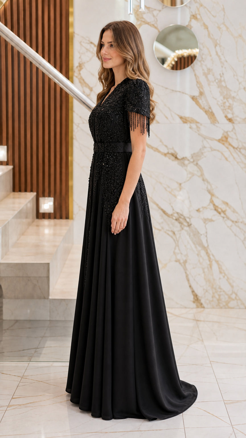 Side profile view of the black embellished formal maxi gown showing flowing skirt silhouette
