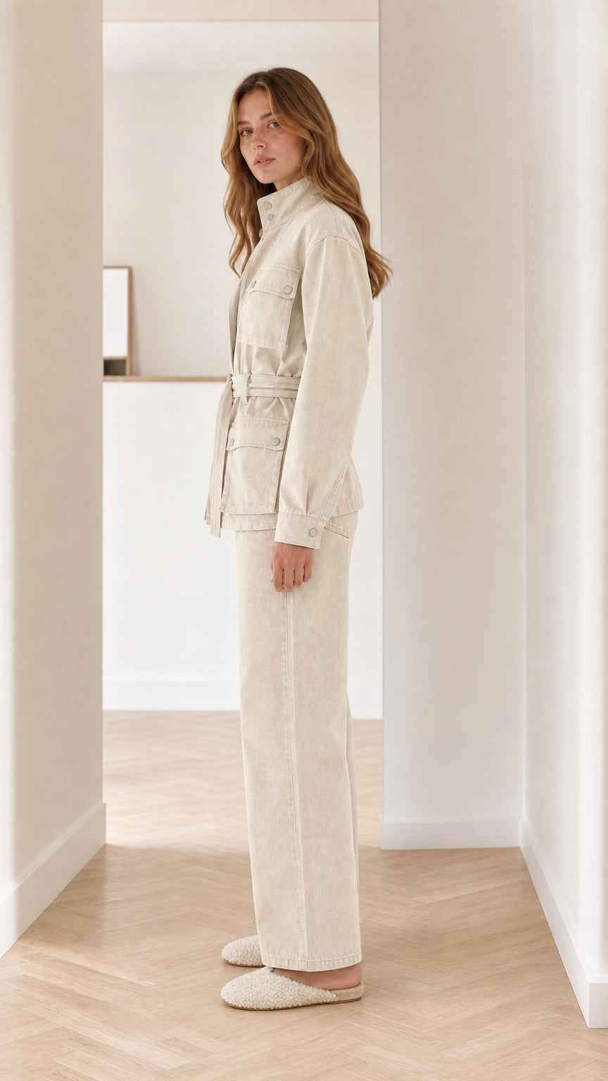 Side profile view of beige utility matching set