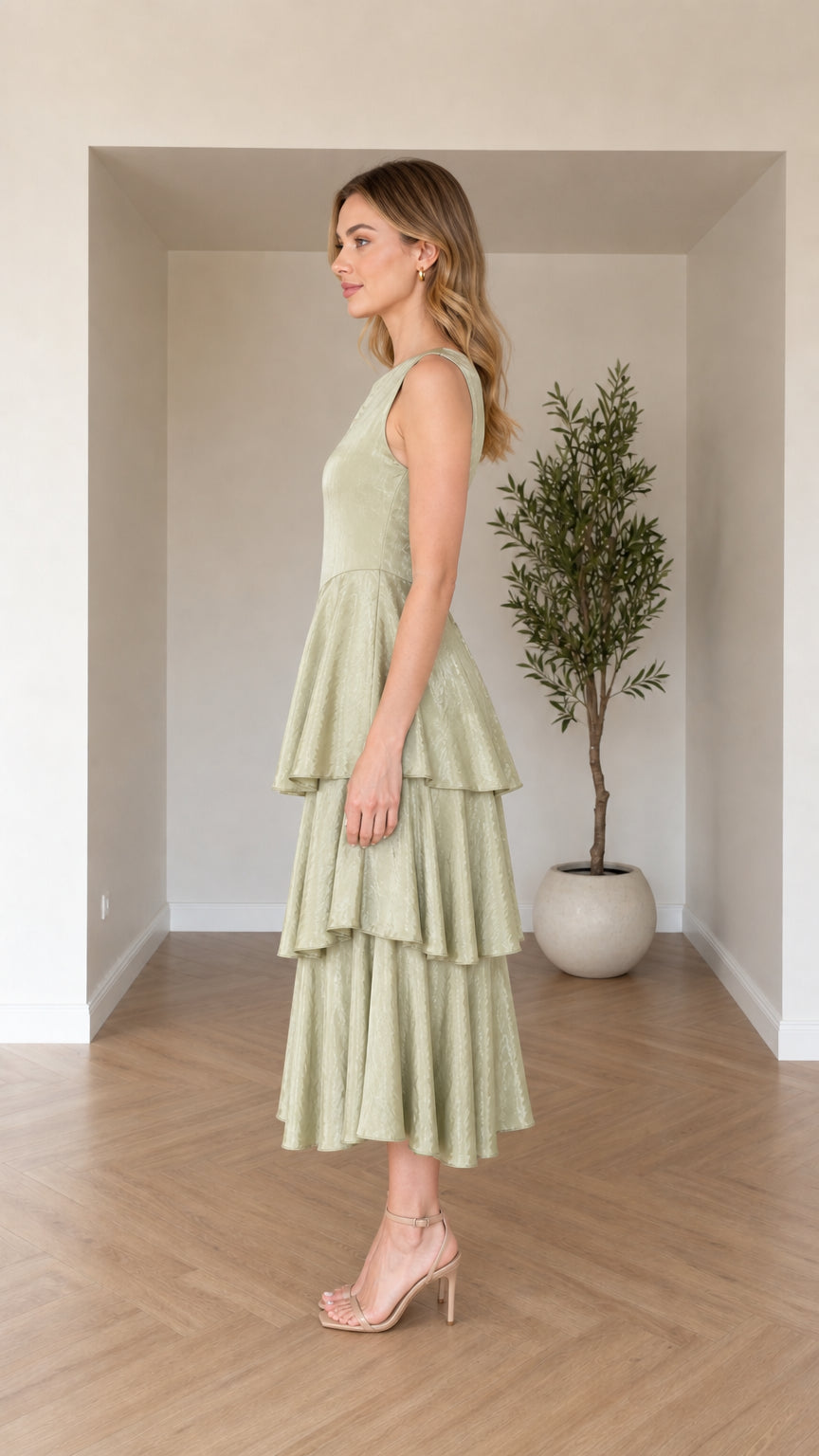 Side profile view of model in sage green sleeveless tiered midi dress