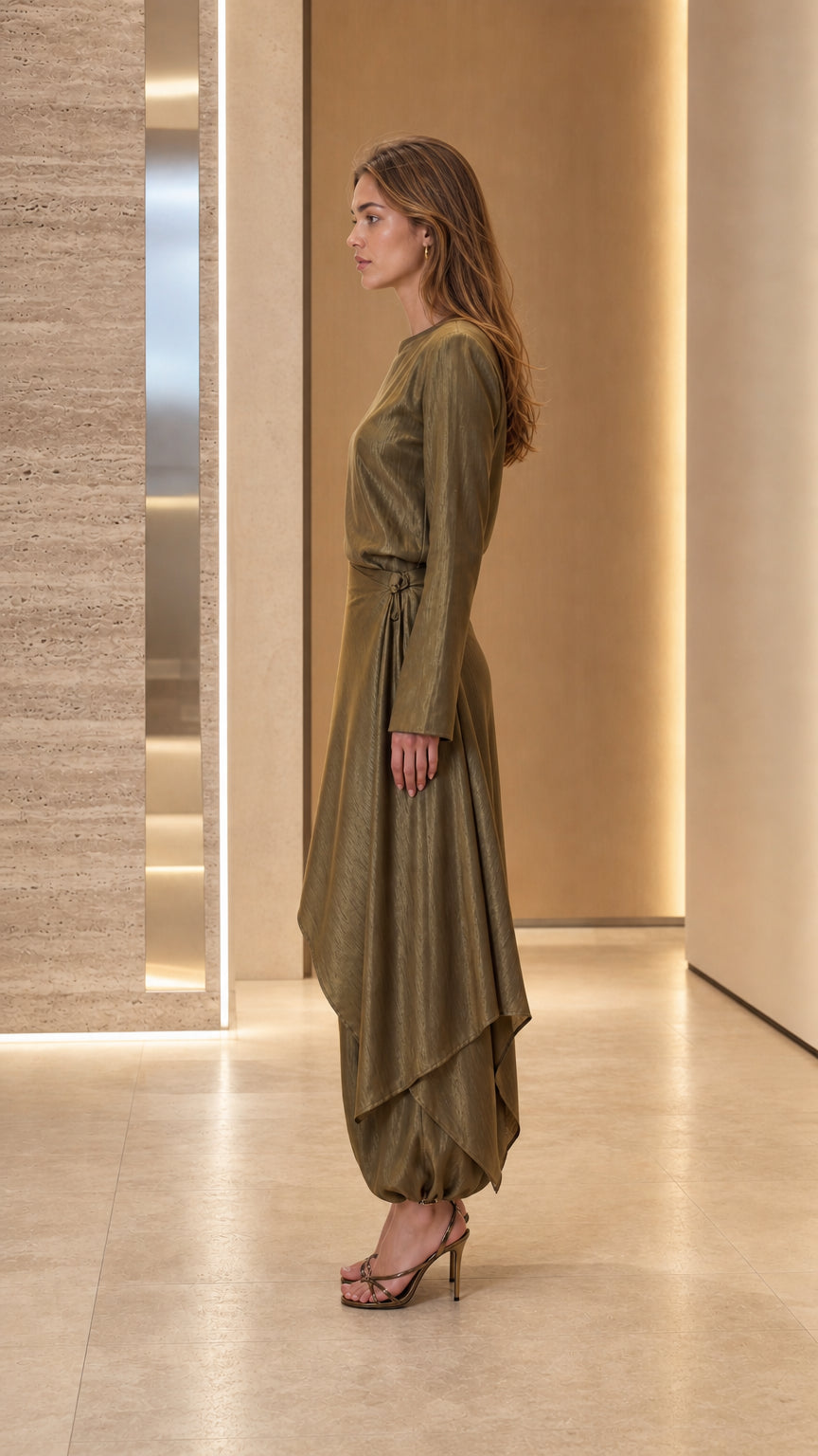 Side profile view of olive satin two-piece set