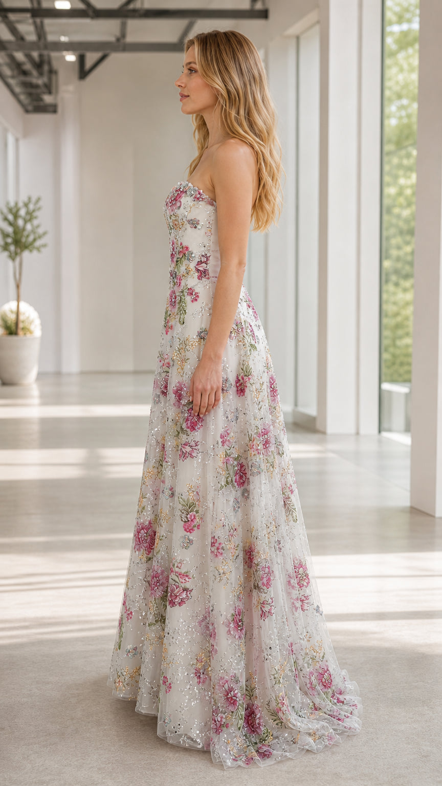 Side view of white floral embroidered A-line formal gown with flowing train
