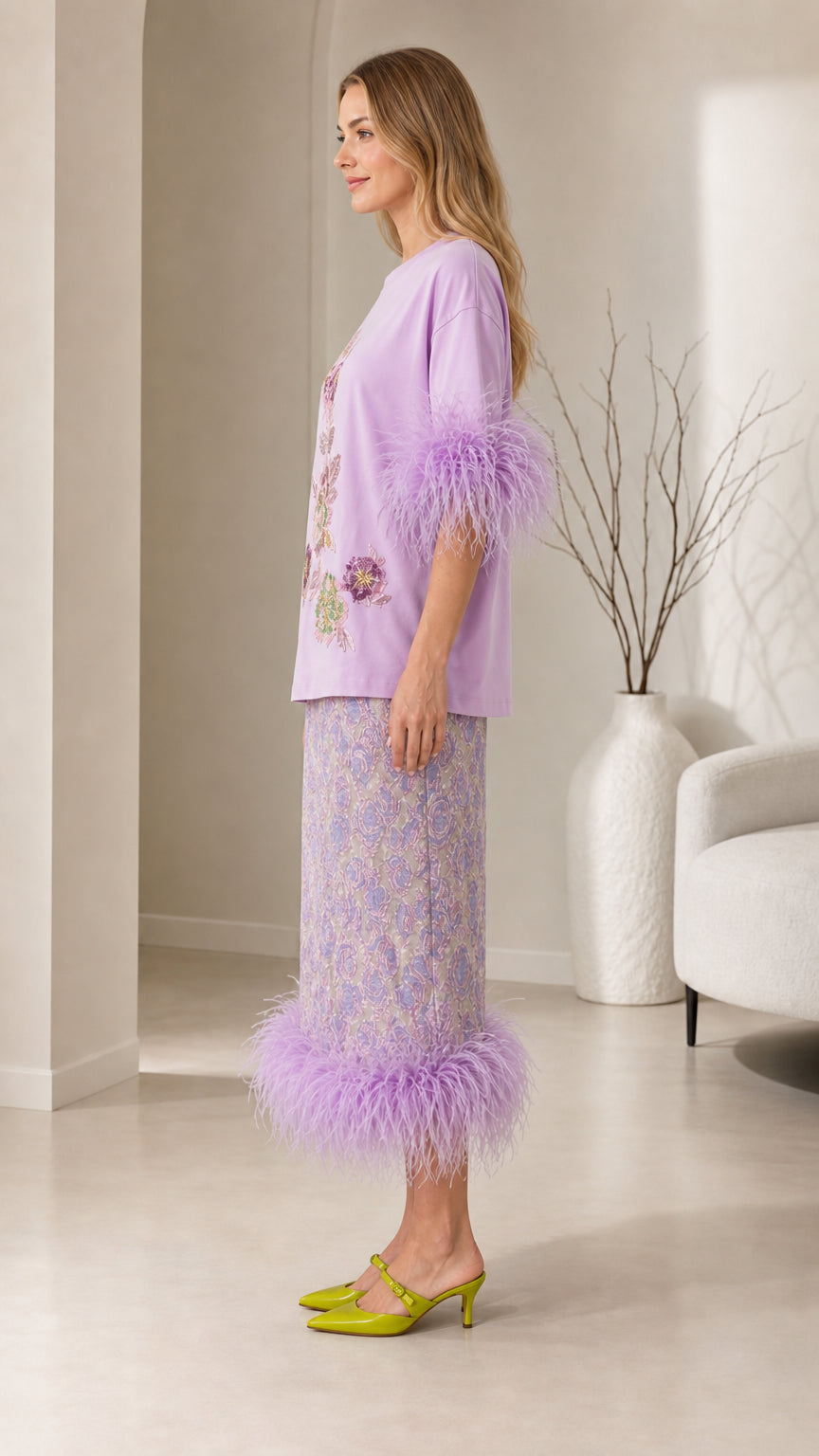 Side profile view of lavender feather trim co-ord set